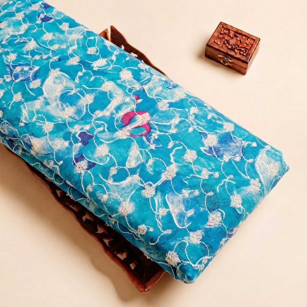 Blue Embroidery Cotton Fabric, folded