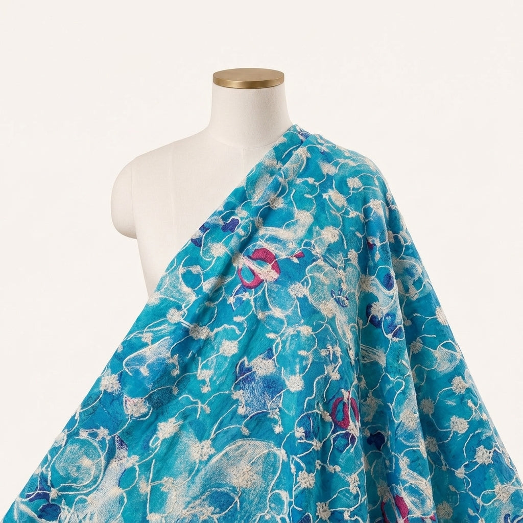 Blue Embroidery Cotton Fabric Draped as a saree