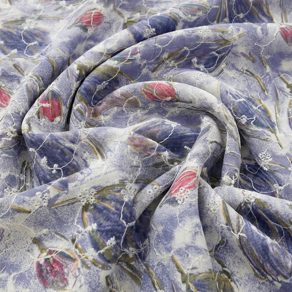 Swirled Blue Embroidery Cotton Fabric Showing Thread Work and Drape