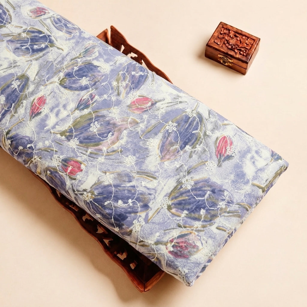 Blue Embroidery Cotton Fabric with Thread Work