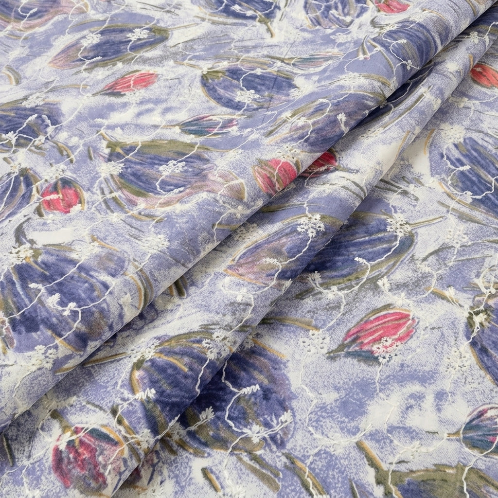 Folded Blue Embroidery Cotton Fabric