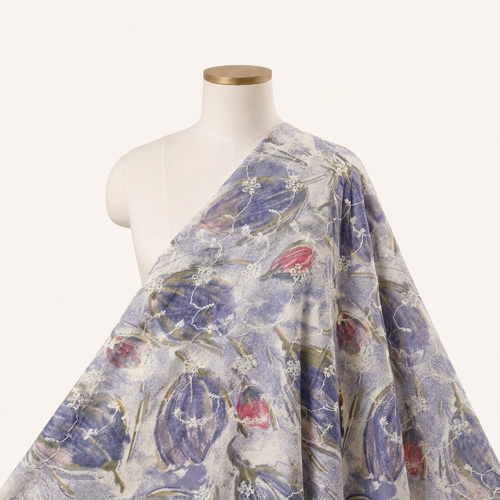 Blue Embroidery Cotton Fabric Draped as a saree
