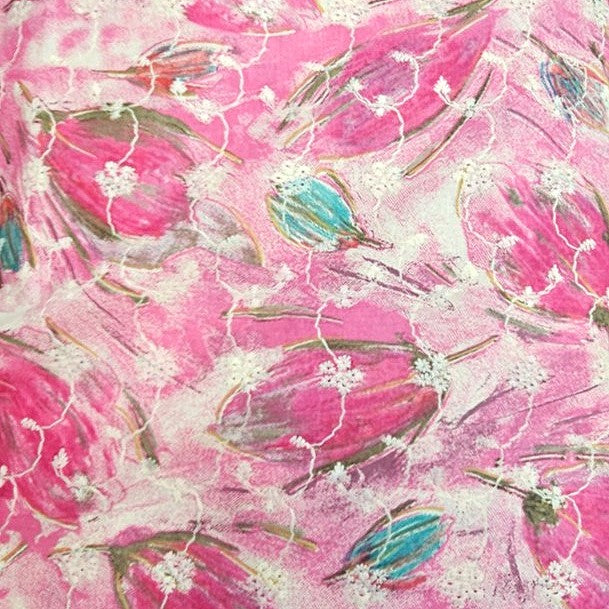 Pink Embroidery Cotton Fabric, laid flat