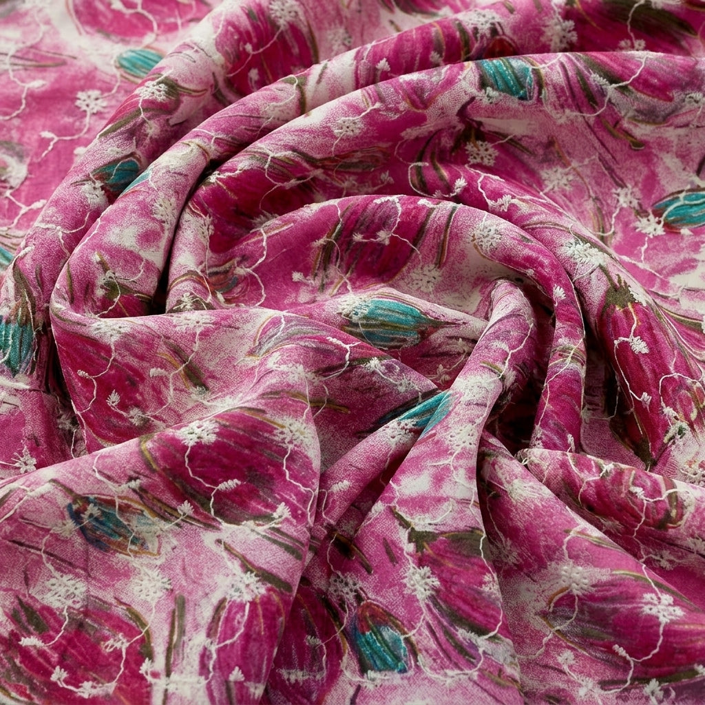Swirled Pink Embroidery Cotton Fabric Showing Thread Work and Drape