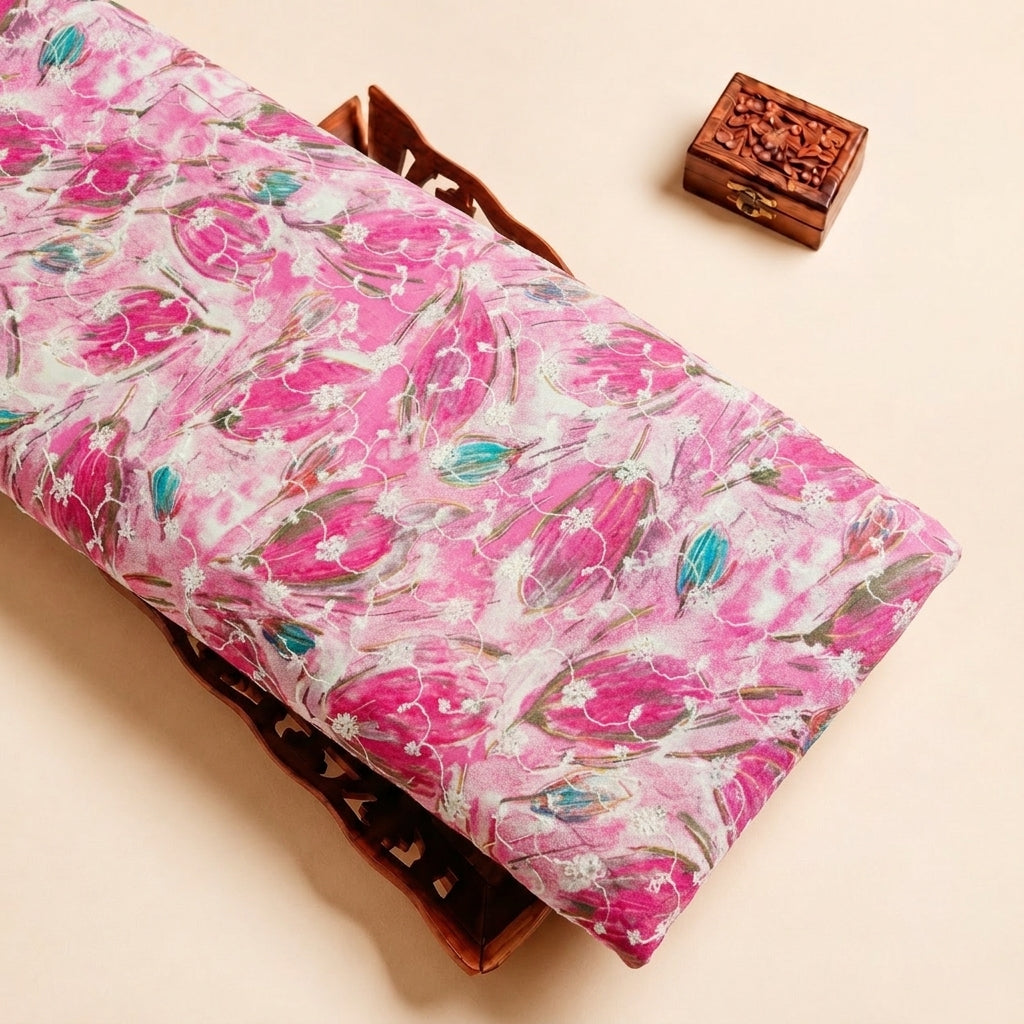 Pink Embroidery Cotton Fabric with Thread Work