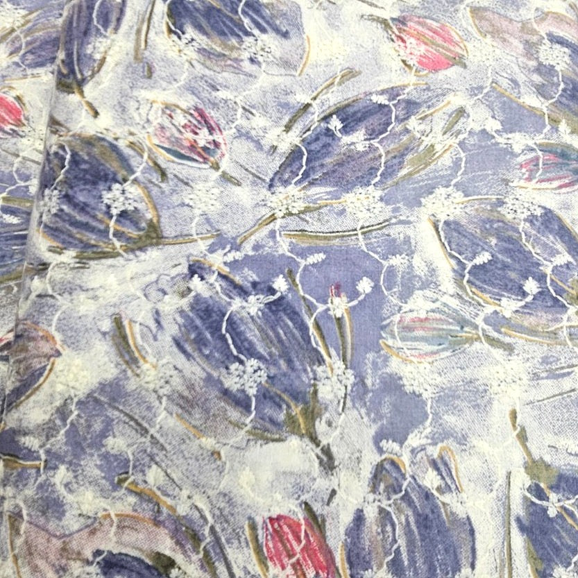 Blue Embroidery Cotton Fabric, laid flat
