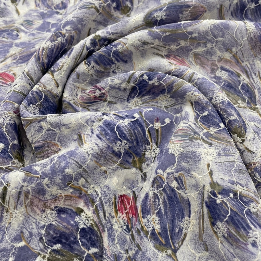 Swirled Blue Embroidery Cotton Fabric Showing Thread Work and Drape