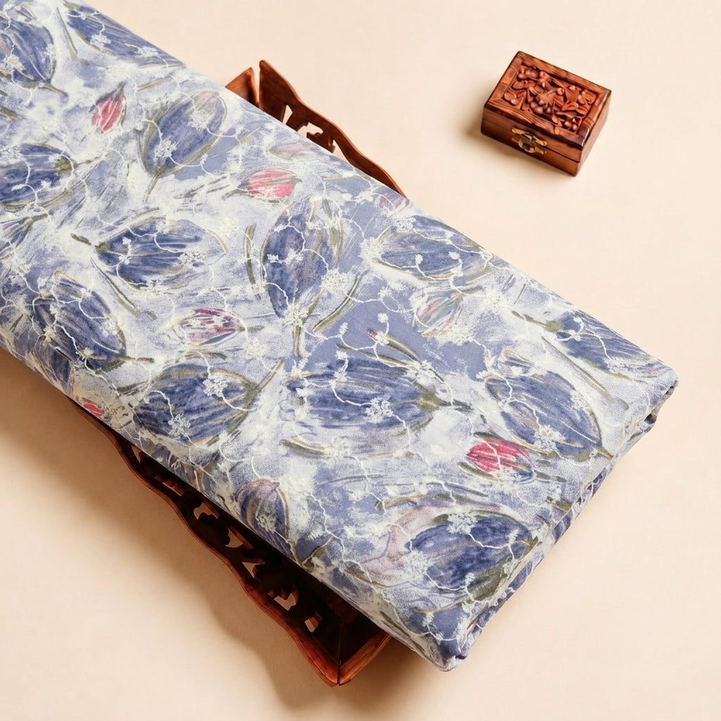 Blue Embroidery Cotton Fabric with Thread Work