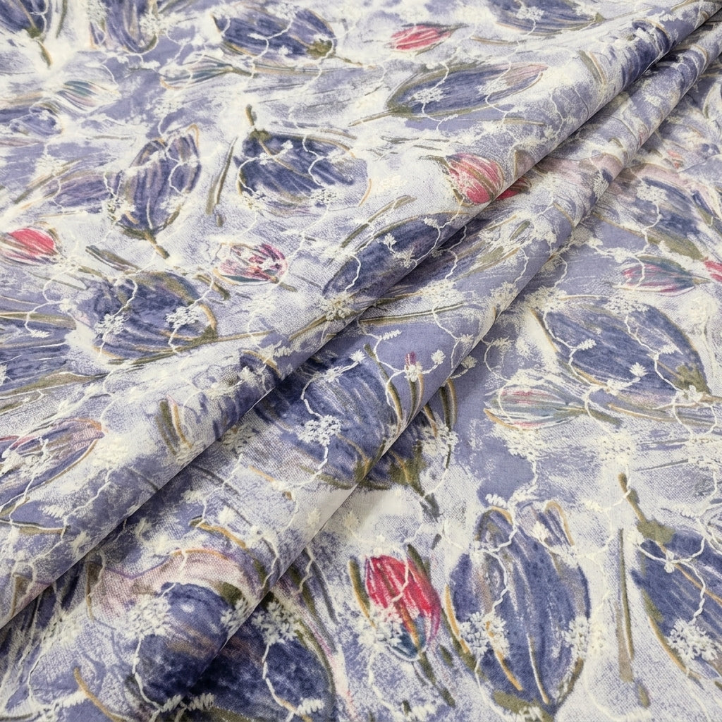 Folded Blue Embroidery Cotton Fabric
