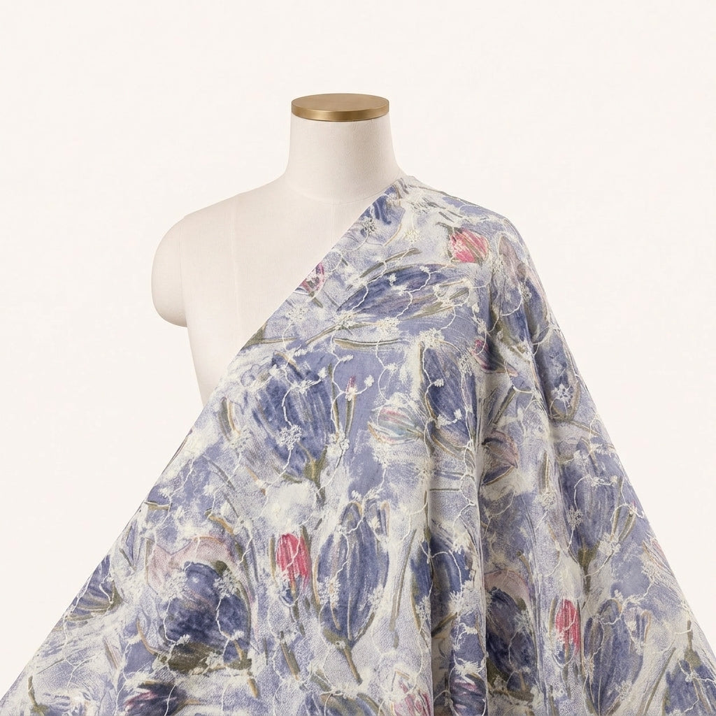 Blue Embroidery Cotton Fabric Draped as a saree