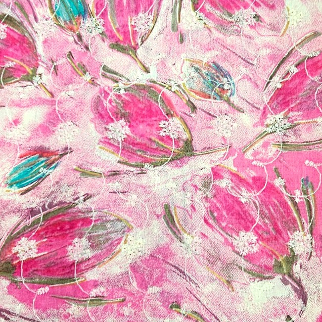 Pink Embroidery Cotton Fabric, laid flat