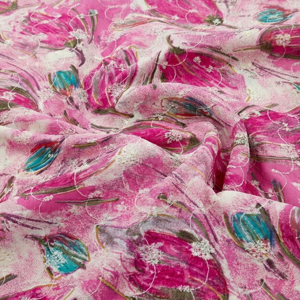Swirled Pink Embroidery Cotton Fabric Showing Thread Work and Drape