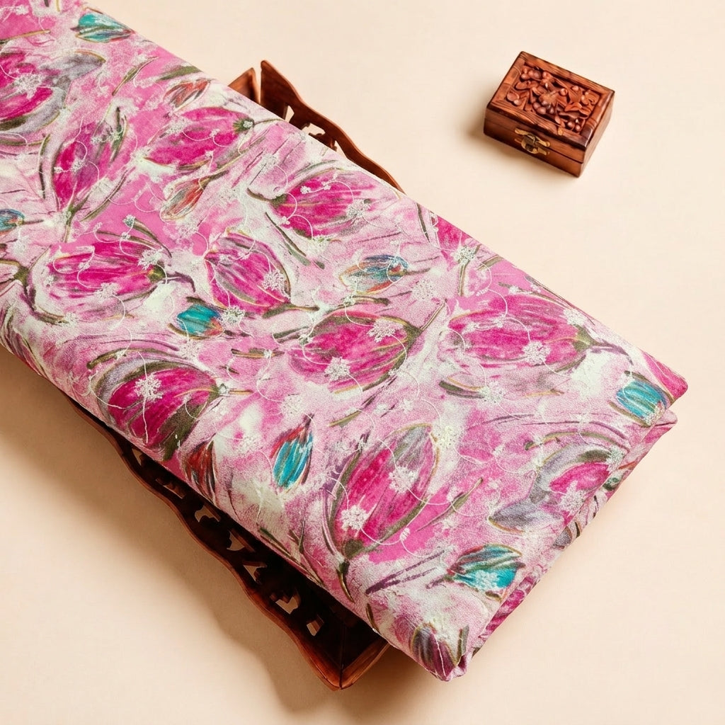 Pink Embroidery Cotton Fabric, folded