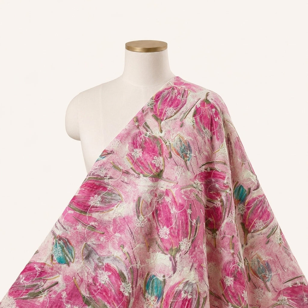 Pink Embroidery Cotton Fabric Draped as a saree