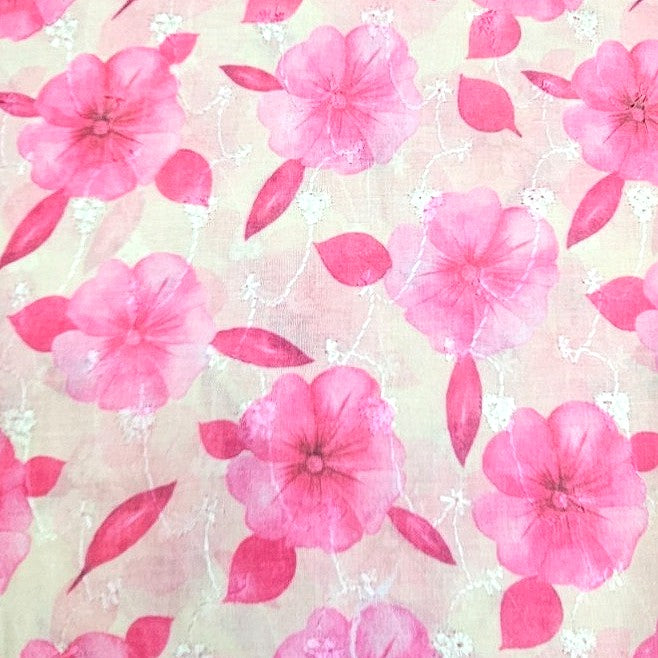 Cream Embroidery Cotton Fabric, laid flat