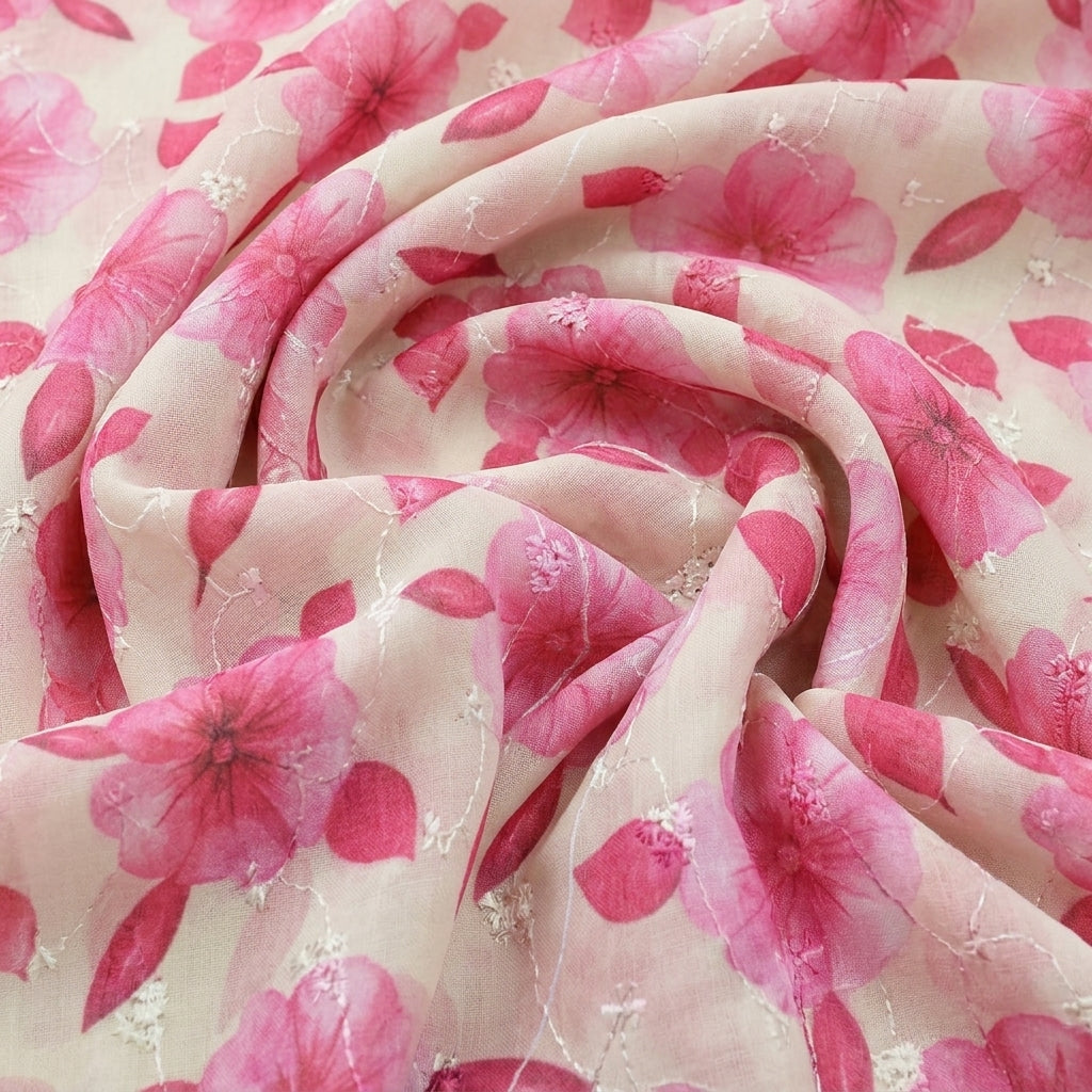 Swirled Cream Embroidery Cotton Fabric Showing Thread Work and Drape