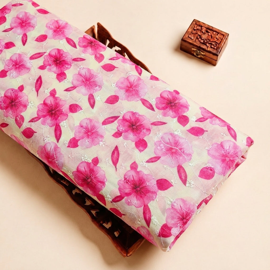 Cream Embroidery Cotton Fabric with Thread Work