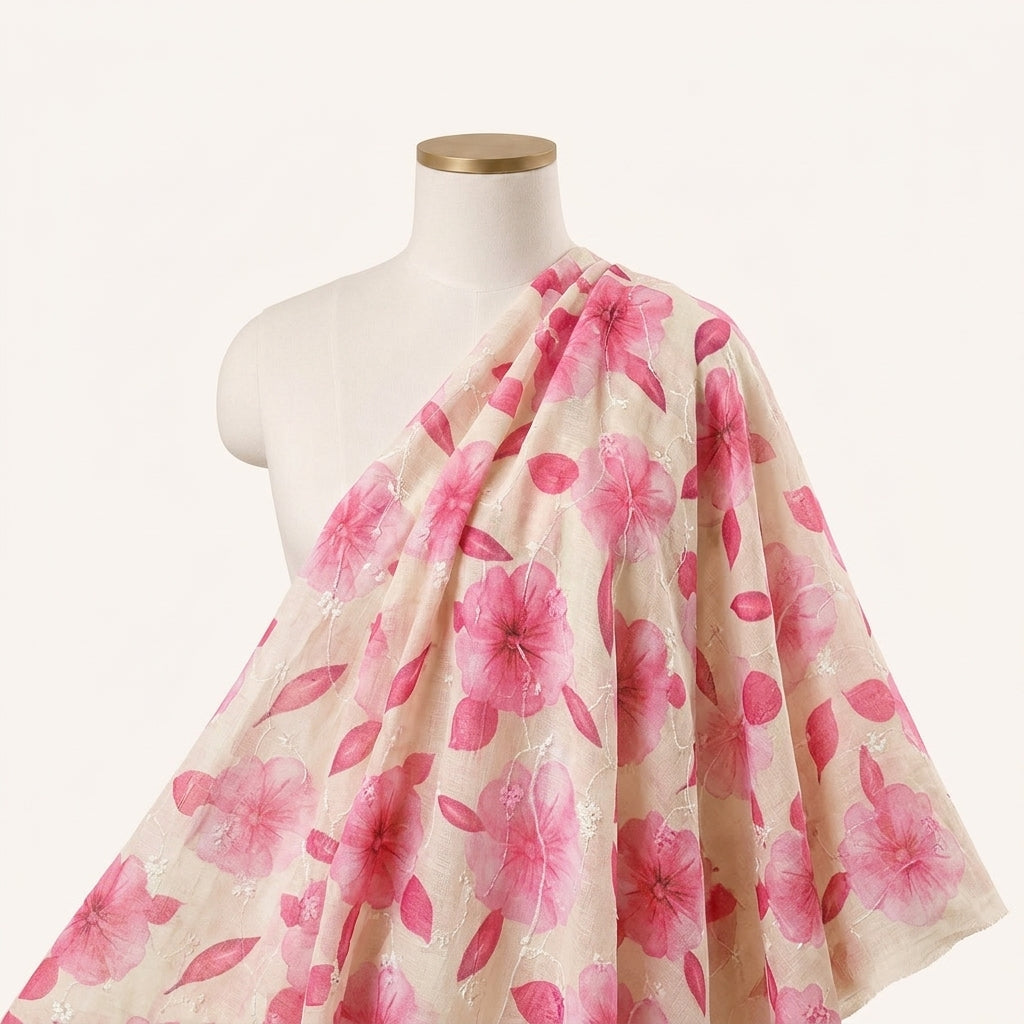 Cream Embroidery Cotton Fabric Draped as a saree