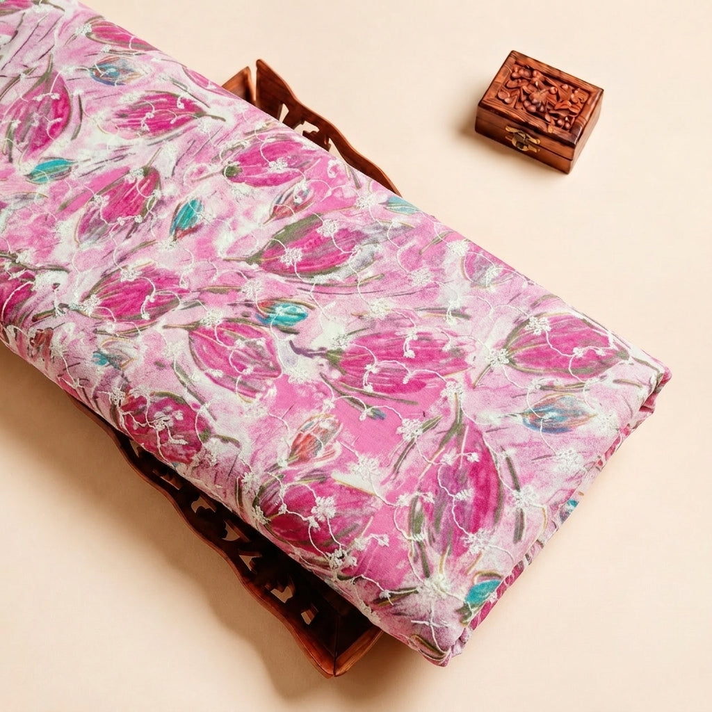 Pink Embroidery Cotton Fabric with Thread Work