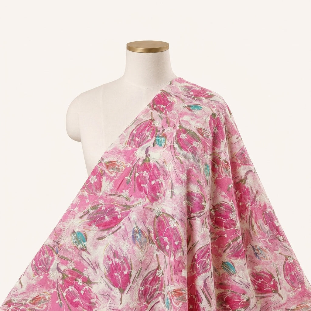 Pink Embroidery Cotton Fabric Draped as a saree
