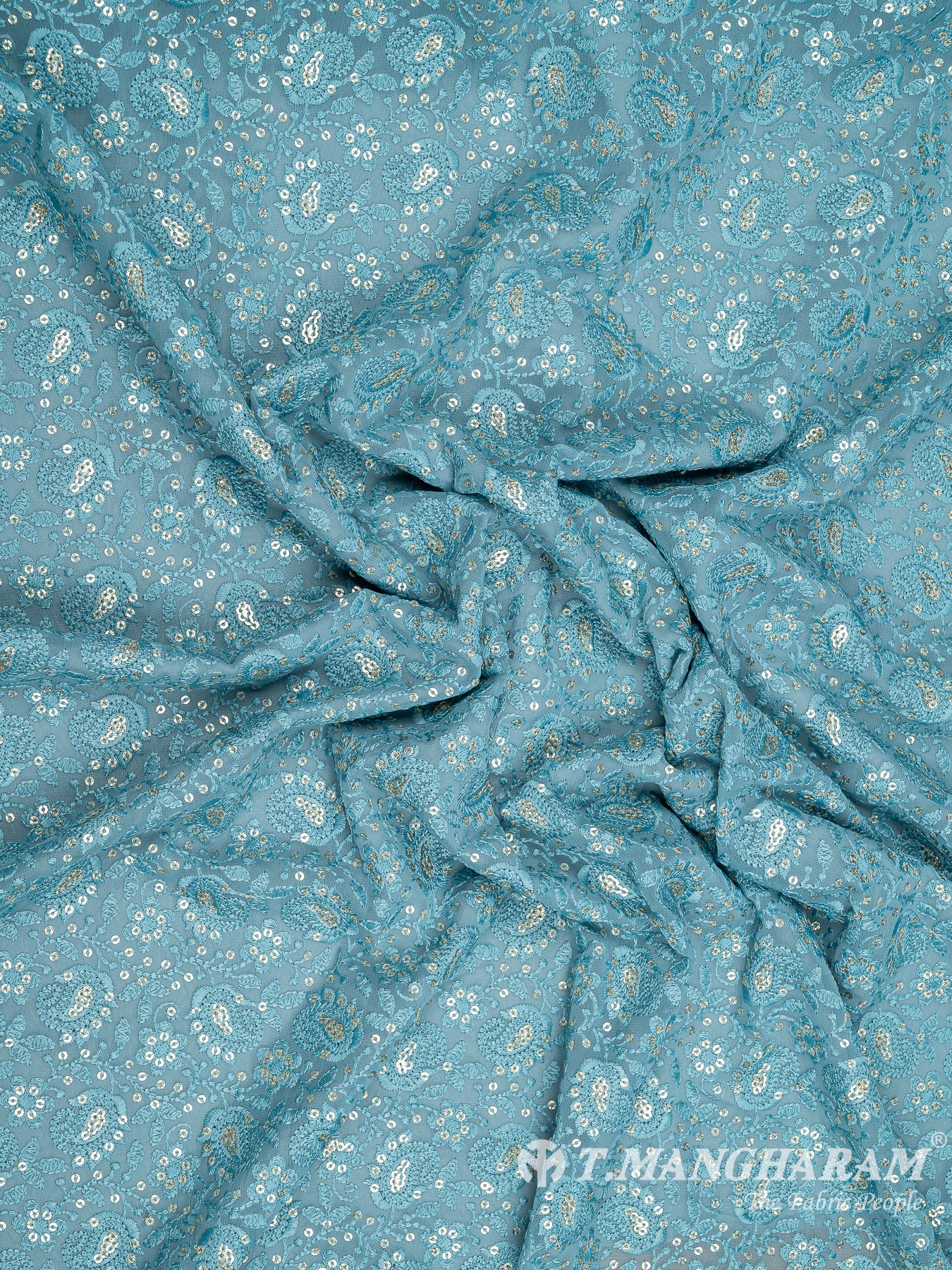 Sea Blue Georgette Embroidery Fabric - EB6041 view-4