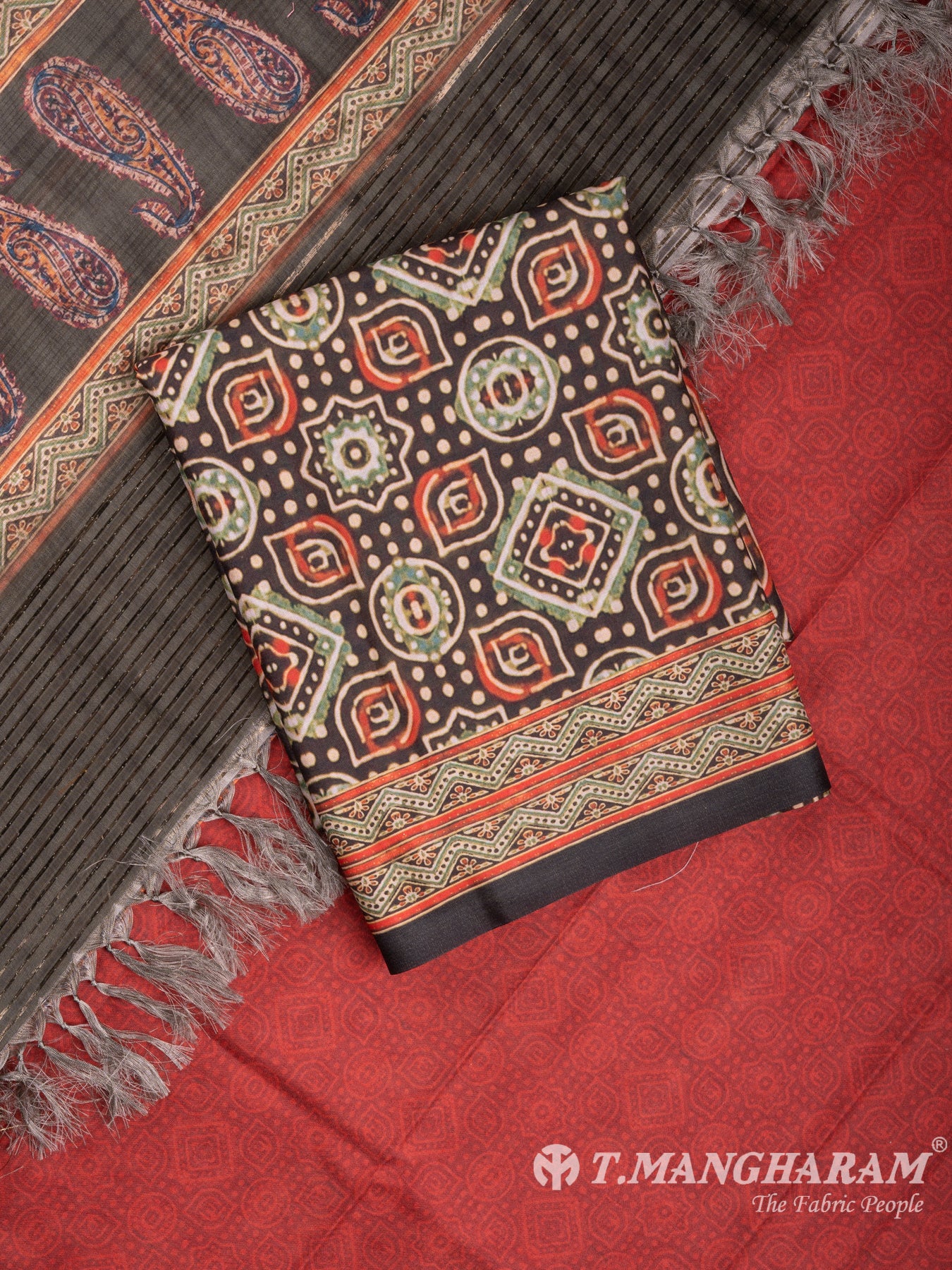 Green and Red Silk Chudidhar Fabric Set - EF1034 view-1