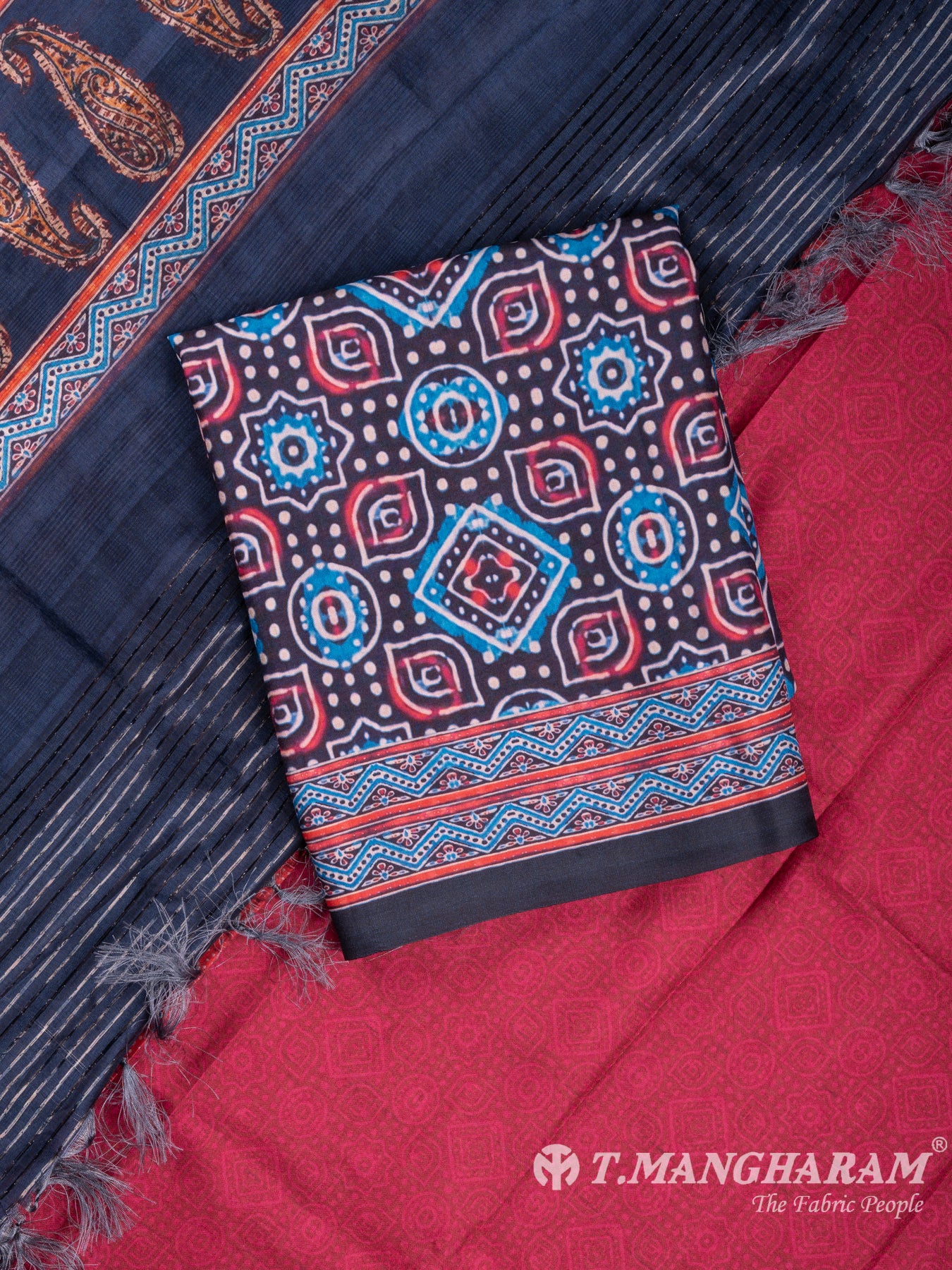 Blue and Red Silk Chudidhar Fabric Set - EF1032 view-1