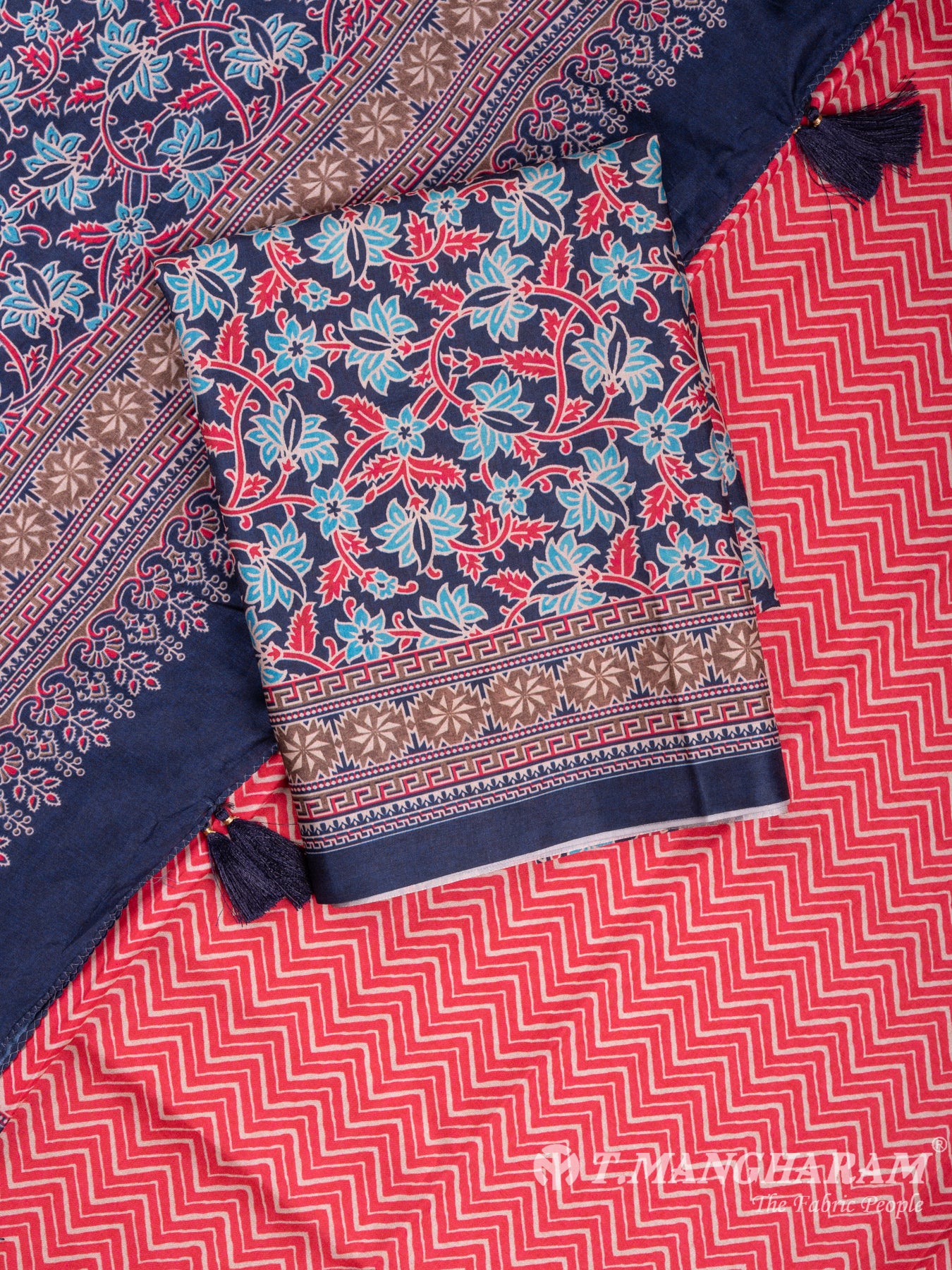 Blue and Pink Silk Chudidhar Fabric Set - EF1027 view-1