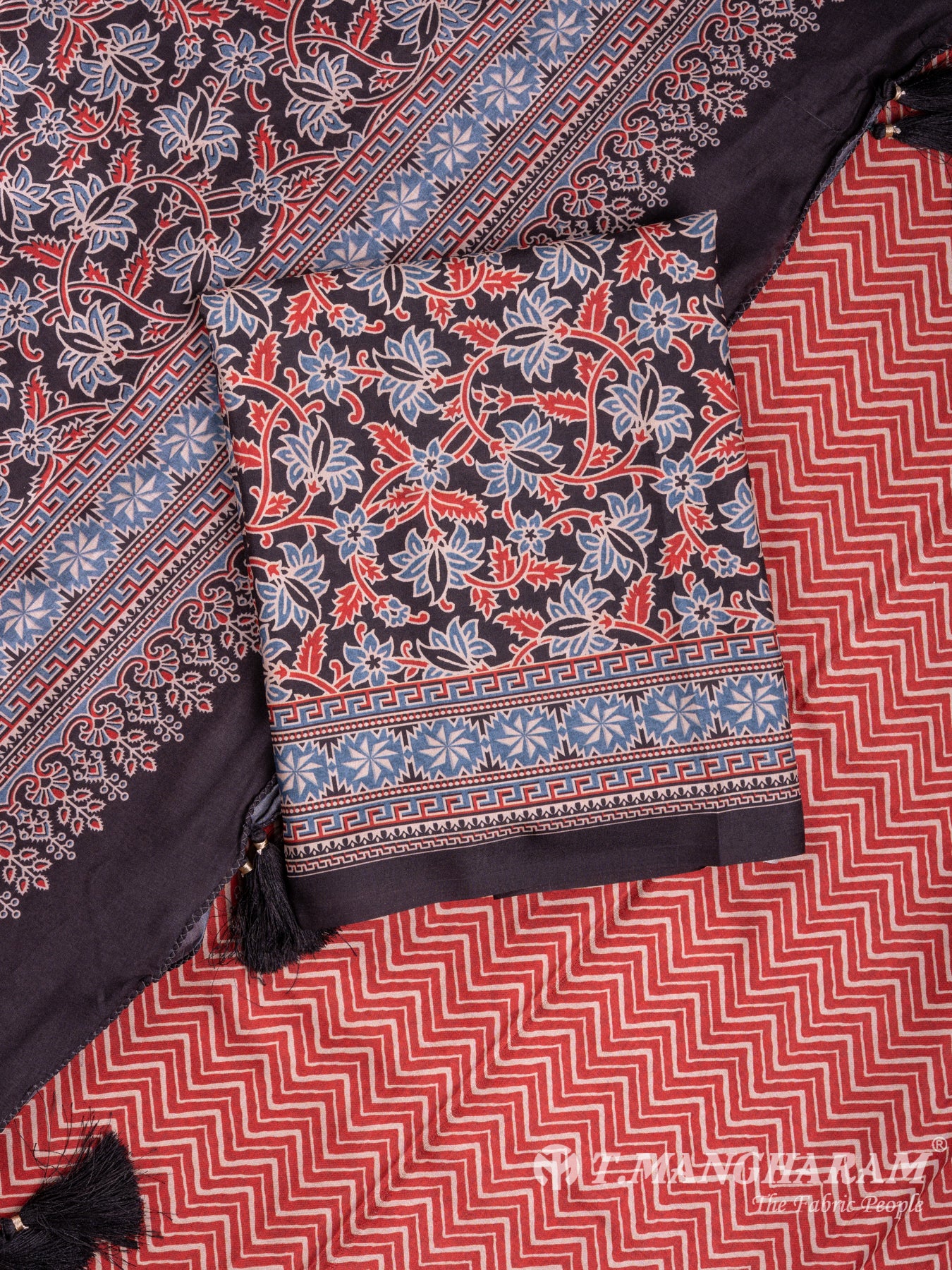 Black and Maroon Silk Chudidhar Fabric Set - EF1028 view-1