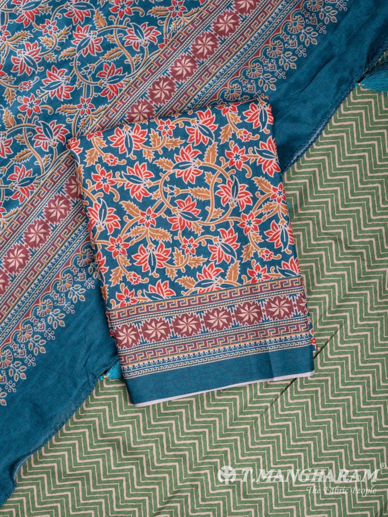 Green and Blue Silk Chudidhar Fabric Set - EF1029 view-1