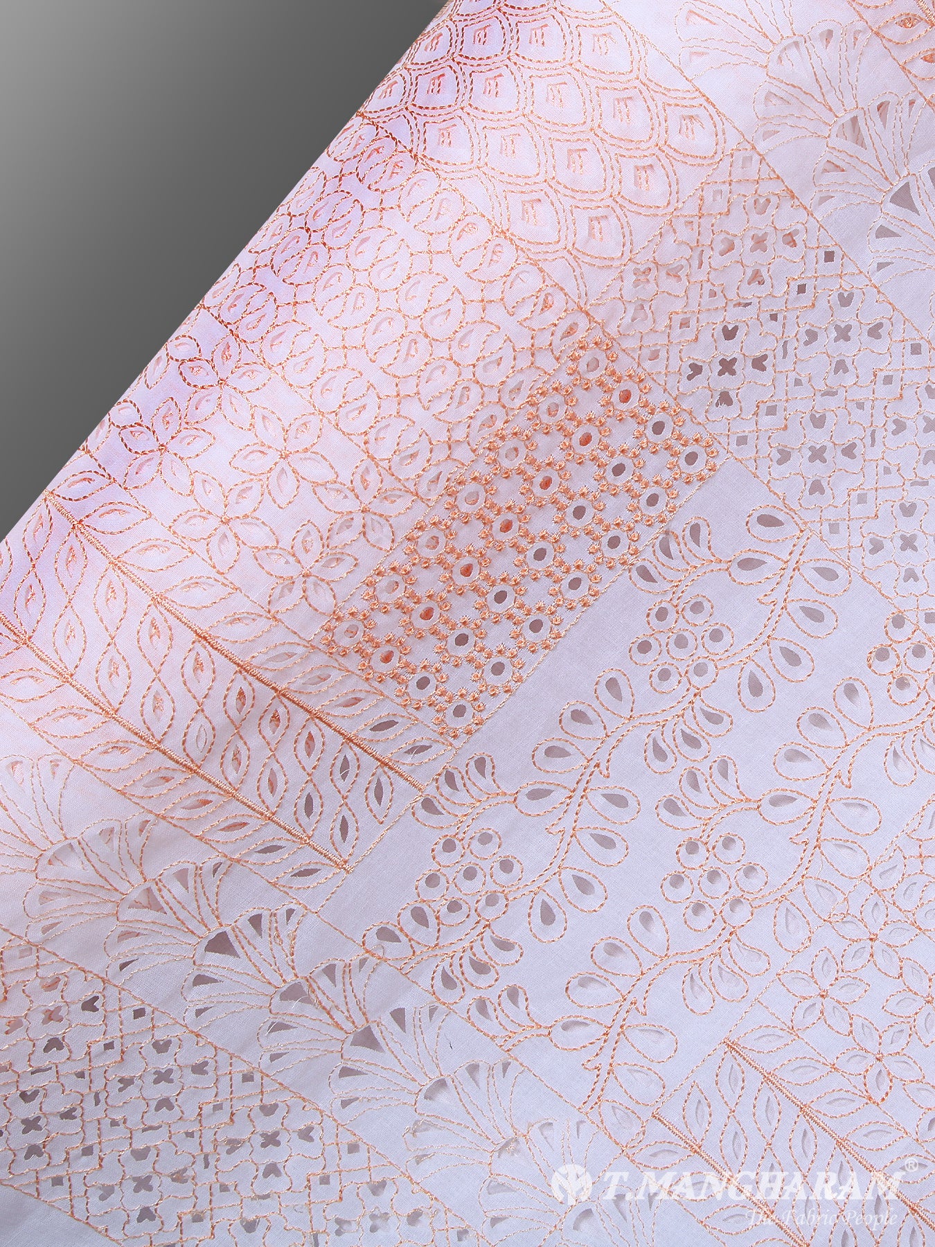 White with Peach Cotton Laser Cut Work Fabric - EA0009 view-2