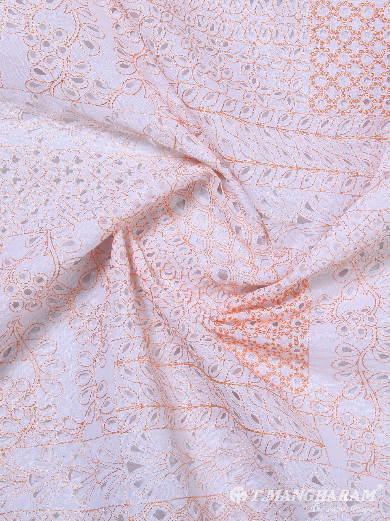 White with Peach Cotton Laser Cut Work Fabric - EA0009 view-1