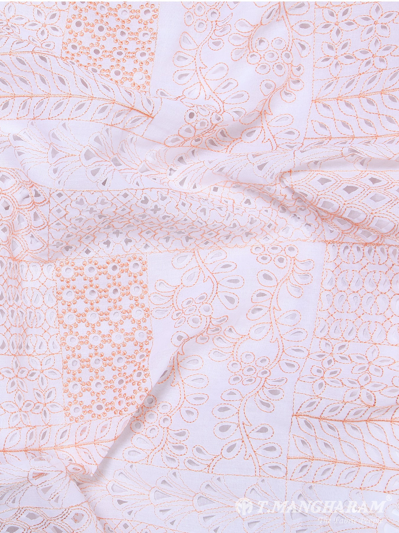 White with Peach Cotton Laser Cut Work Fabric - EA0009 view-3