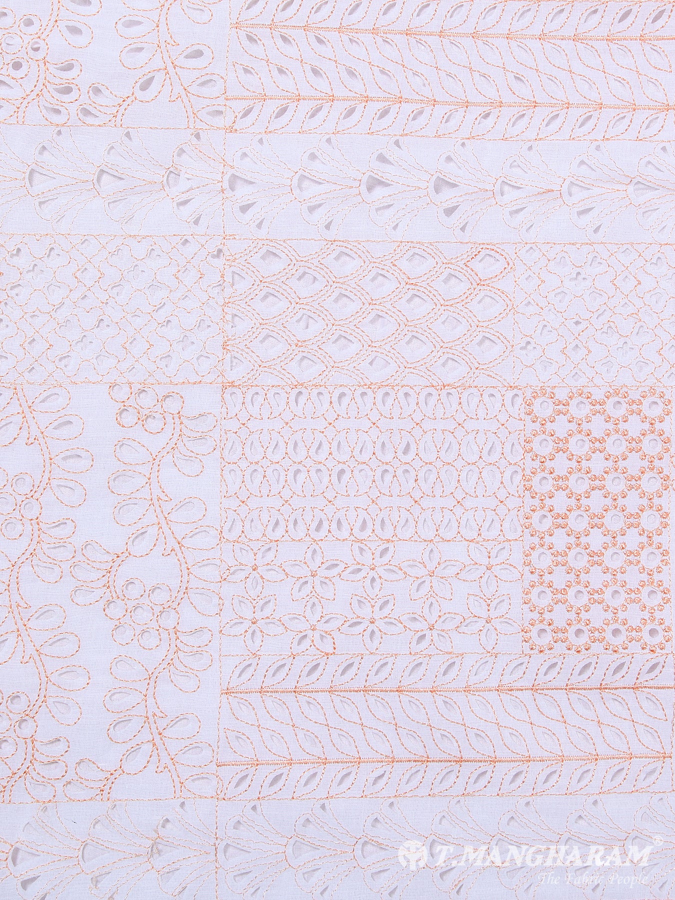 White with Peach Cotton Laser Cut Work Fabric - EA0009 view-4